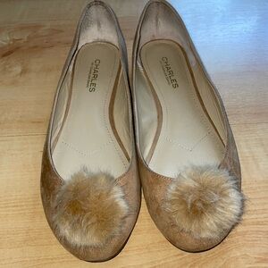 Pom-pom ballerina flats, size 8.5, beige